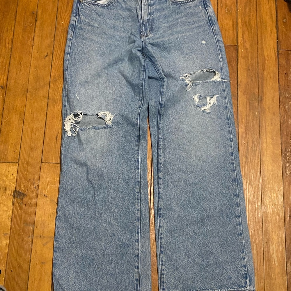 Garage Light Blue Distress Wide Denim Jeans